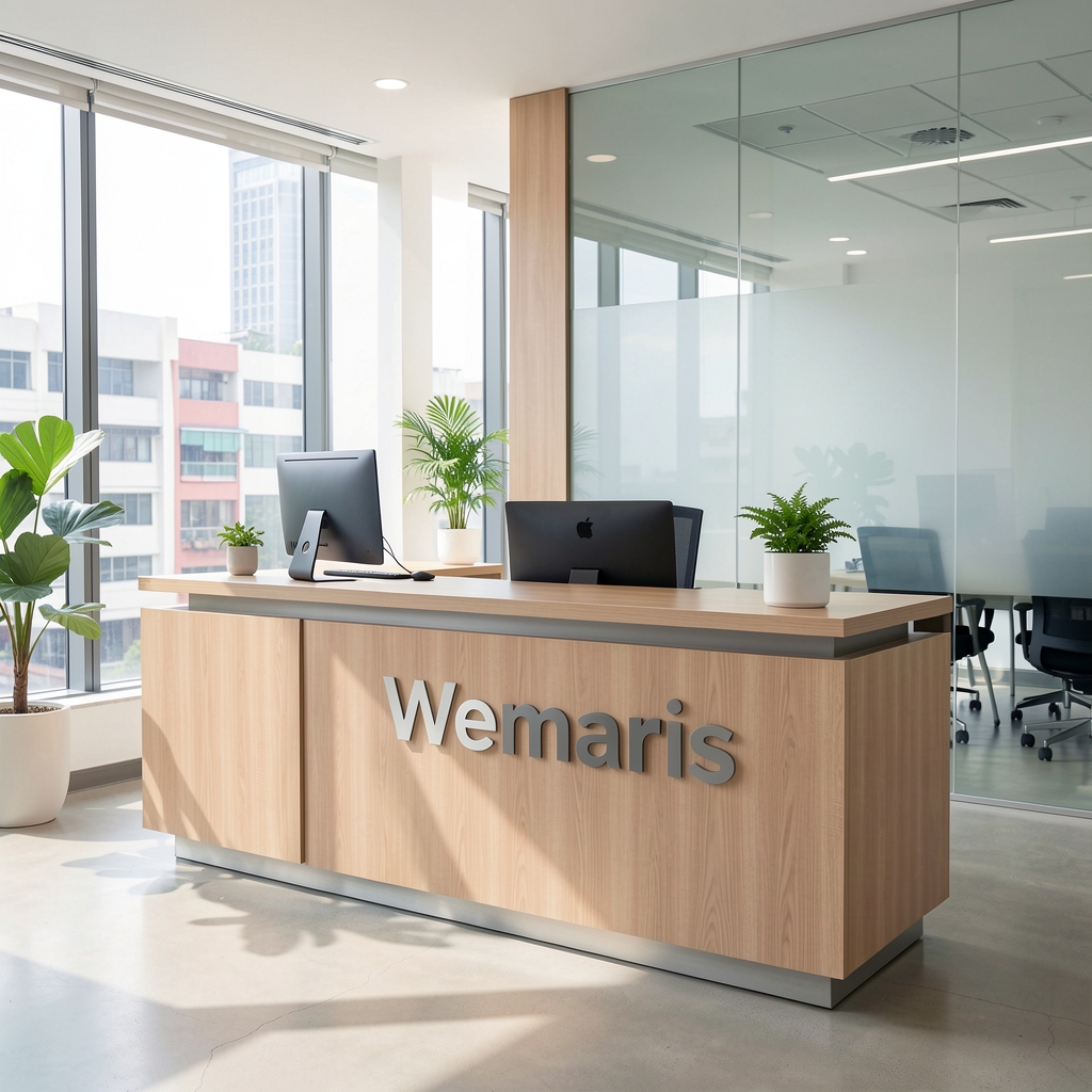 โต๊ะต้อนรับสำนักงาน Wemaris ที่มีป้ายชื่อและแสงธรรมชาติในกรุงเทพฯ